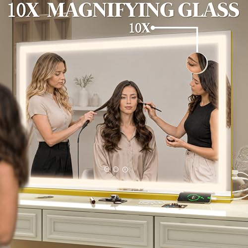 Image of FENNIO Large Vanity Mirror with Lights,40 inch x 28 inchMakeup Mirror with Lights,Hollywood Mirror with 3 Color Modes & Adjustable Brightness,Vanity Mirror Square Gold