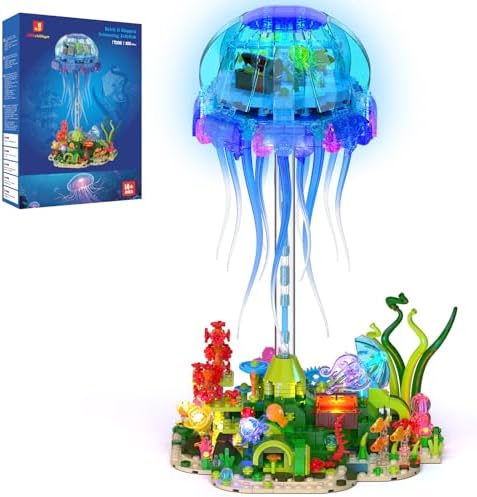 JMBricklayer Jellyfish Building Set for adult with LED Lights, Ocean Aquarium Jellyfish Lamp, Rotatable Jelly Fish Sea Creature Animals Model Toy, Home Decor Creative Gifts for Adults Girls Boys 14+