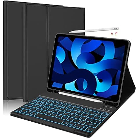 Keyboard Case for New iPad Air 5th/4th Generation, JADEMALL 7 Colors Backlit Detachable Wireless Bluetooth Keyboard, Slim Cover with Pencil Holder for iPad Pro 11/iPad Air 10.9 Inch 2022/2020,Black Cover