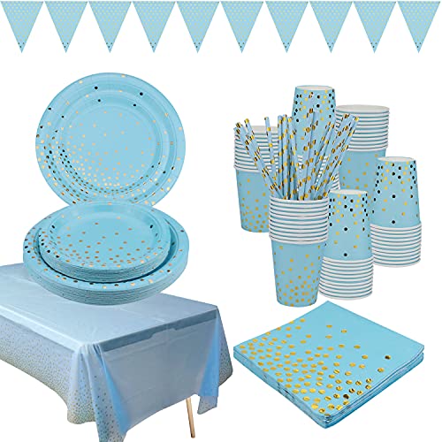 Vaisselle jetable en papier à pois dorés – Assiettes pour dîner/dessert, tasses, serviettes, pailles, bannière, nappe pour fête d'anniversaire, mariage, fête nuptiale – Pour 25 personnes (bleu)