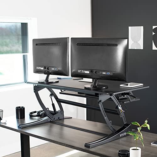 Image of VIVO Black 42 inch Standing Desk Converter, DESK-V000VL | Large, Height Adjustable, Stand Up Desk Riser, Wide Keyboard Tray, Dual Monitor and Laptop Workstation, V Series