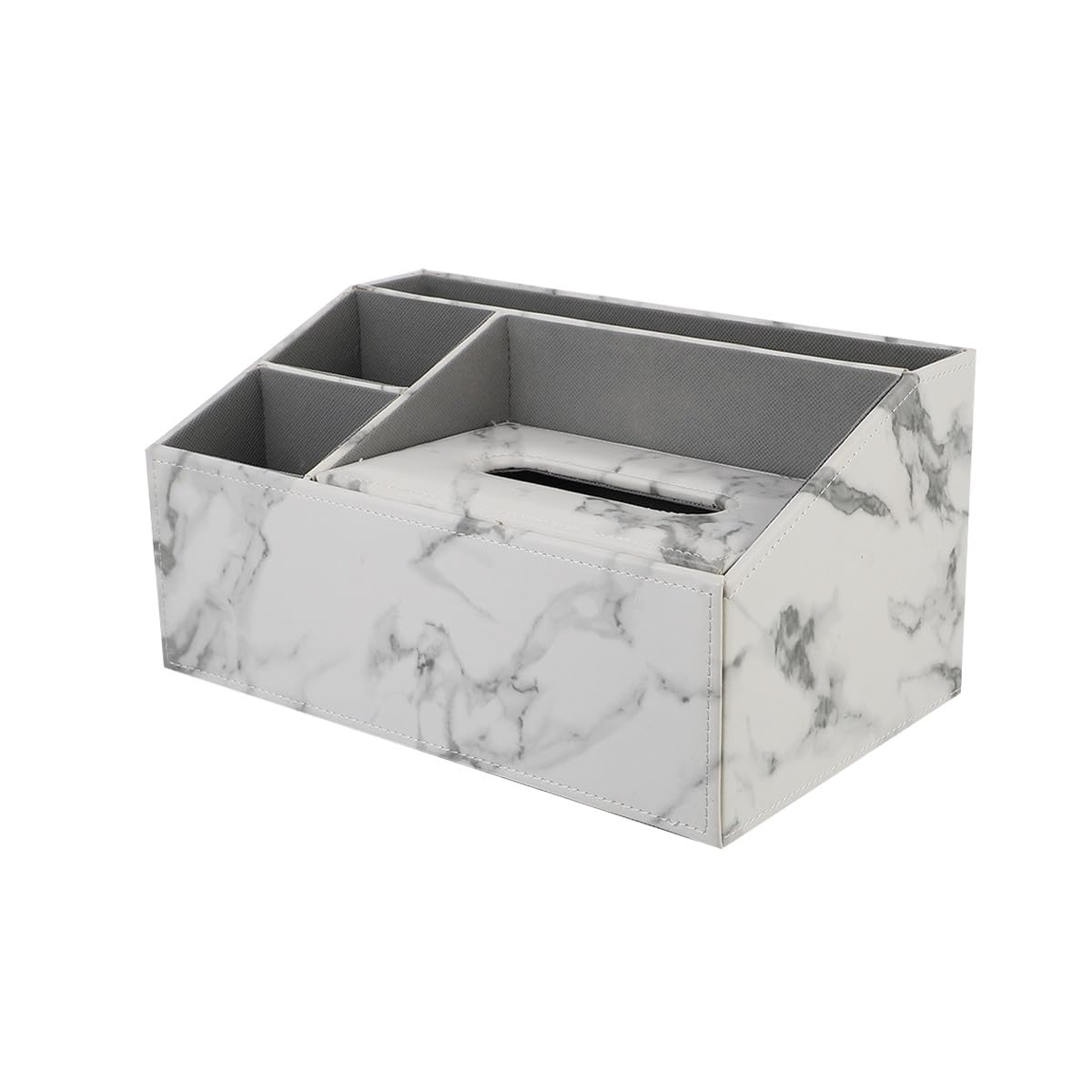 Caja Organizadora Multifuncional de Cuero Veta de Mármol Blanco para Pañuelos y Control Remoto, 3 Compartimentos Adecuado para Oficina y Hogar