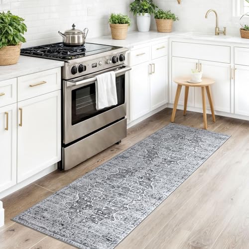 KUTA Hallways Runner Rug 2x6 Grey White, Vintage Floral Rugs Non-Slip Washable Kitchen Runners Soft Printed Retro Flower Entryway Carpet for Bedroom Laundry Entryway Hallway
