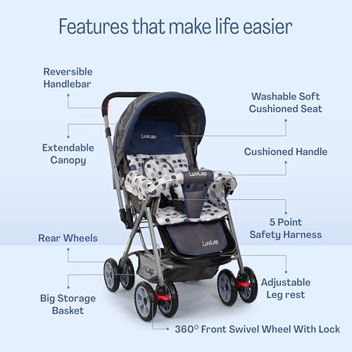 Image of LuvLap Sunshine Baby Stroller /Pram for 0 to 3 Years, New Born /Toddler /Kid, 5 Point Safety Harness, Adjustable backrest, 360 Swivel Wheel, Large Storage Basket, Reversible Handlebar(Navy Blue)