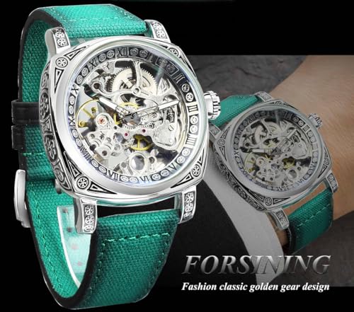 Image of FORSINING Fancy Watches for Men, Square Retro Mechanical Watch Self-Wind Carved, Gear Movement Golden Skeleton Automatic Watches Vintage Leather Strap Wrist Watch
