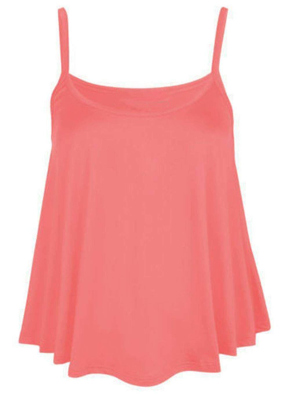 Womens Ladies Camisole Cami Plain Strappy Swing Vest Top Flared Sleeveless Plus Size (Coral, UK 24-26)