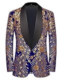 Pyiujtr Men's Sequins Velvet Shawl Collar Stage Party Prom Wedding Dinner Suit Jacket Blazer Blue Gold