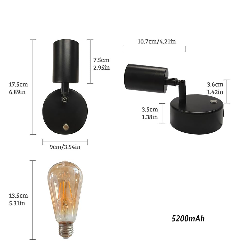 Akku Wandleuchte Kabellose Retro Drehbar Wandlampe Ohne Stromanschluss USB Aufladung Wandspot Dimmbar Fernbedienung Innen Wandbeleuchtung Touch Schalter Time für Nachttisch, Lesen, Flur,1 stück