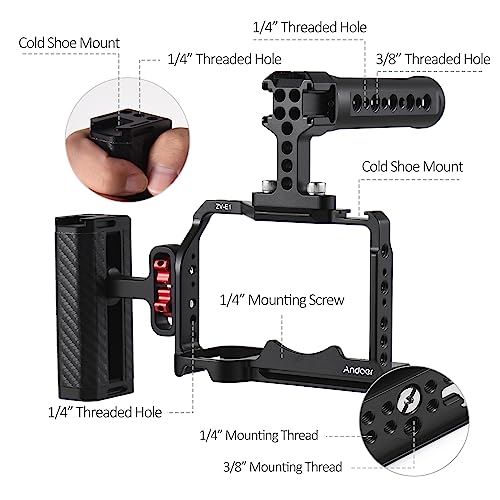 Image of Andoer Video Cage for Camera Filming Equipment, Camera Rig + Top Handle + Side Handle Kit Aluminium Alloy Video Cage with Cold Shoe Holders