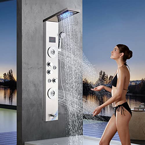 Panel de Ducha LED de Acero Inoxidable con Acabado Mate, Sistema de Boquillas para Lluvia y Masaje