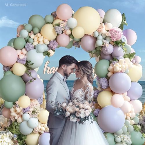 Image of Dusty Green Pink Purple Balloons Arch Kit, Double Stuffed Pastel Balloons Dusty Pink Mist Green Ivory Lavender Balloon for Birthday Boho Garden Party Wedding Wildflower Flower Butterfly Decorations