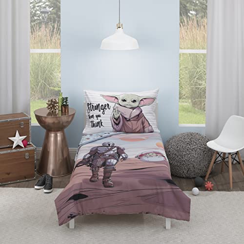 Disney Star Wars The Mandalorian Grey, Tan and Blue 4 Piece Toddler Bed Set - Comforter, Fitted Bottom Sheet, Flat Top Sheet, and Reversible Pillowcase