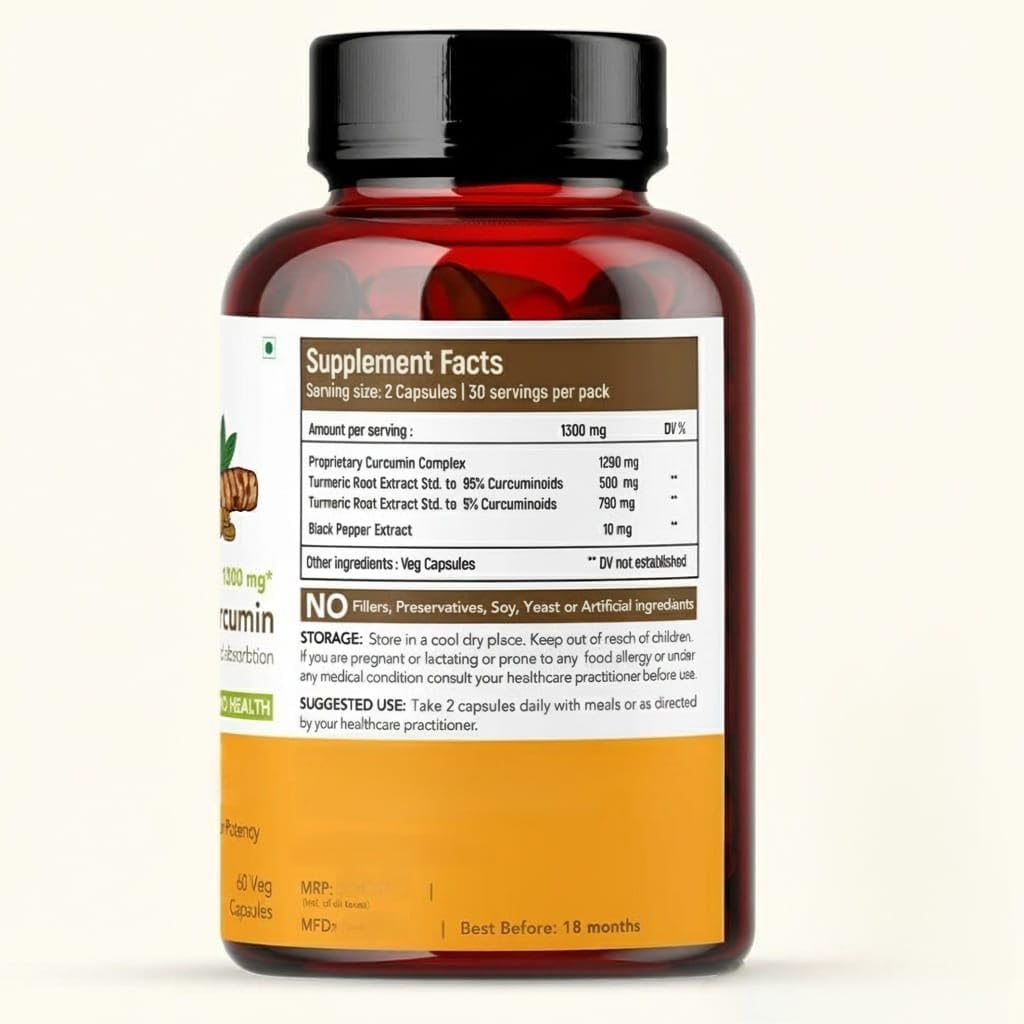 Curcumin (95%) with Black Pepper Extract (for Better absorbtion),1300mg, for Immunity, Joints Health | 60 Veg Capsules, 650 Mg Each