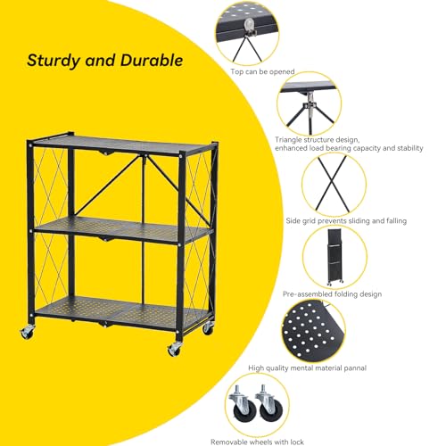 Image of BRIAN & DANY 3-Tier Foldable Storage Shelves with Wheels, No Assembly Folding Shelf Metal Rack, Shelving Unit for Kitchen, Garage, Black