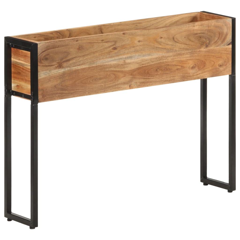 Macetero alto de madera de acacia, 90 x 20 x 68 cm, soporte estable para plantas con estructura de metal y superficie de almacenamiento, jardinera para hierbas y verduras, jardín, balcón