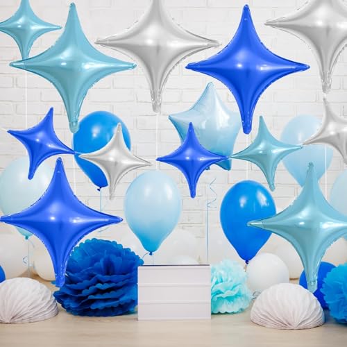 Image of Blue Silver Star Balloons,12Pcs Four Angle Star Foil Balloons | 26Inch and 10Inch Blue Silver Quadrangle Star Helium Balloon for Birthday Baby Shower Wedding Party Decorations