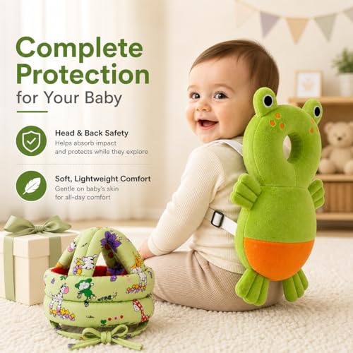 Image of GLUN Baby Back Protector with Head Protective Hat Combo Set, Cute Frog Shape Soft Cushioning, Adjustable Shoulder Belt, Head Protection Gear for 6-18 Month Toddler Kids