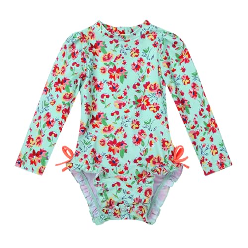 dPois Baby Mädchen Einteiler Bademode Langarm Badeanzug mit Blumen Druck Böhmisch Schwimmanzug Säugling Badebekleidung Beachwear Neugeborene Strandkleidung Grün 62-68/3-6 Monate