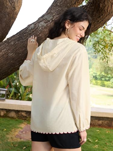 Image of The Souled Store Hooded Shirt: Love Thyself Women and Girls Full Length Sleeves Hooded Neck Off White Embroidered Cotton Oversized Fit Breathable Lightweight Everyday Shirt