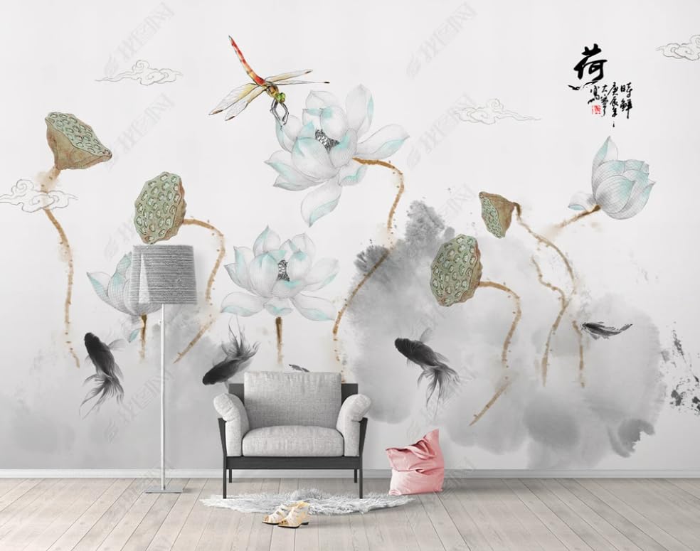 Papier peint intissé encre de Chine fleur de lotus poster géant mural salon
