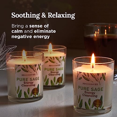 Magnificent 101 Set of 3 Long Lasting Pure Sage Smudge Candles - 42 Hour Burn, 3.5 Oz Each, Made with Soy Wax and Herb, Ideal for House Energy Cleansing, Meditation & Manifestation