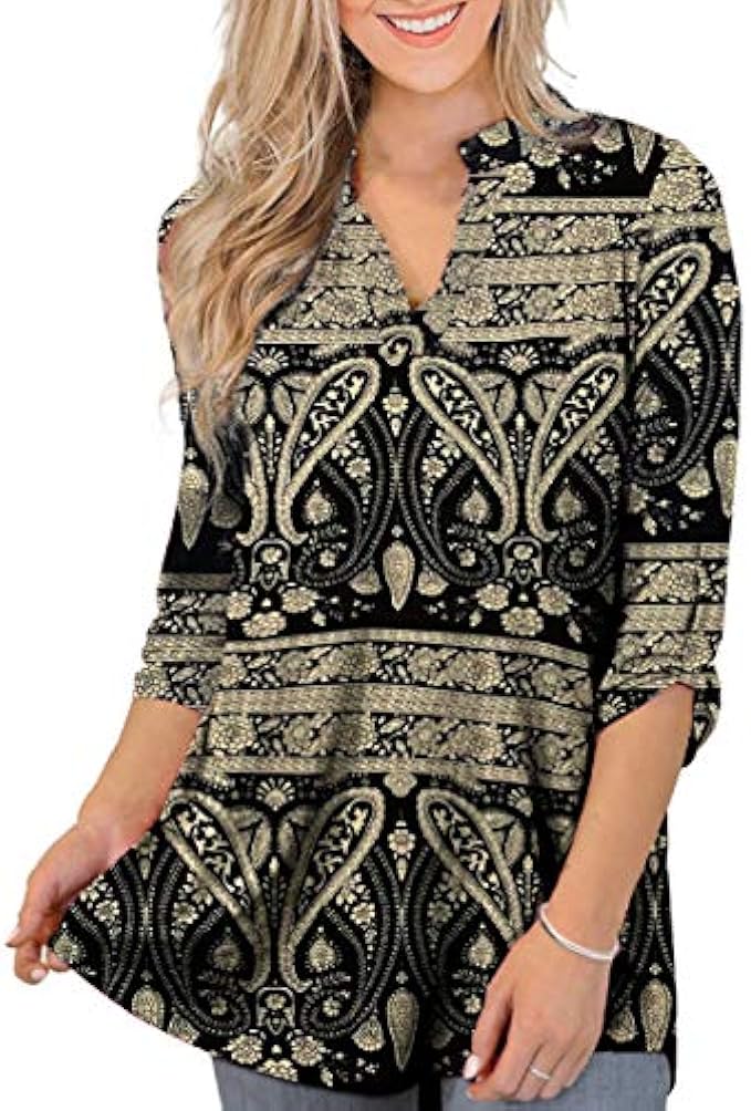 Othyroce Womens Floral Printed Tunic Tops 3/4 Roll Sleeve V Neck Blouses Long Sleeve Shirts for Women
