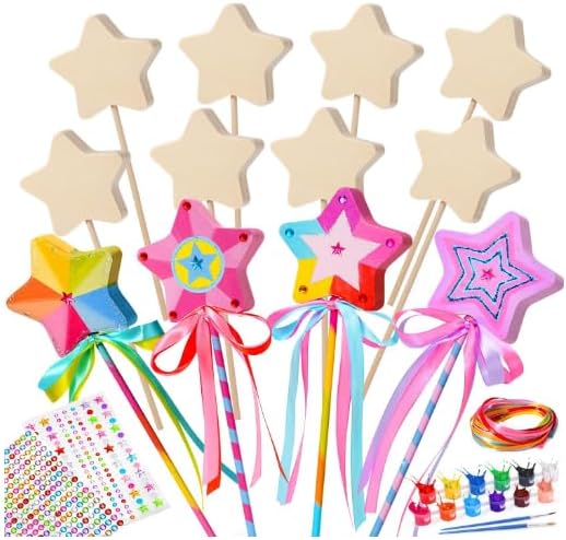 Dailychic 47Pcs Fairy Wand Making Kit, 12 Unfinished Wood Crafts for Kids: Create Your Own Princess Wands with Stickers,Ribbons,DIY Magical Art Projects Great Gifts for Girls