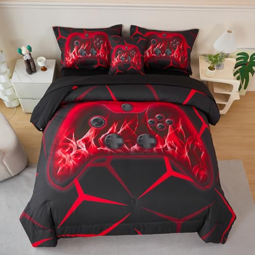 ZSYAYAHA 6 Pcs Games Bed in A Bag for Teens Boys Twin Size Black Red Geometry Gamepad Bedding Sets for Kids Soft Bright Game Console Comforter Set for Boys Children(Red, Twin)