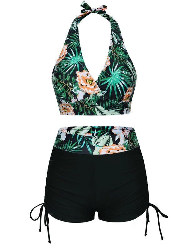 JASAMBAC Women's Bikini Sets Soft Bikini Top & High-Waisted Drawstring Ruched Boyshorts Swimwear Elastic Swimming Costume Soft Swimsuits Bathing Suits