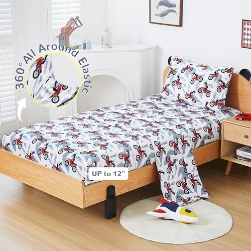 Image of Viviland 3 Pieces Boys Grey Twin Sheet Set - Soft Microfiber Fitted Flat Sheets & Pillowcase - Red Motorcycle Print Bedding Sets - for Kids & Toddlers