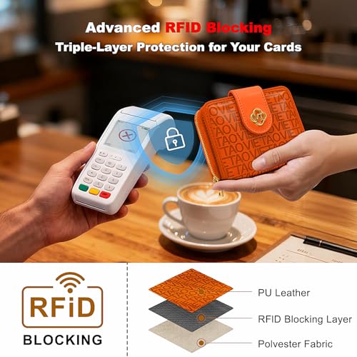 Image of Credit Card Wallets for Women, Leather Cardholder with Zipper Around, Small RFID Ladies Wallet, Accordion Compact Bifold Purse for Travel, 19 Card Slots, ID Window, Cash Organizer - Orange