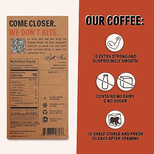 Wandering Bear Pumpkin Spice Cold Brew Coffee On Tap, Iced Coffee, 96 fl oz - Extra Strong, Smooth, Unsweetened, Shelf-Stable, Ready to Drink Pumpkin Spice Coffee