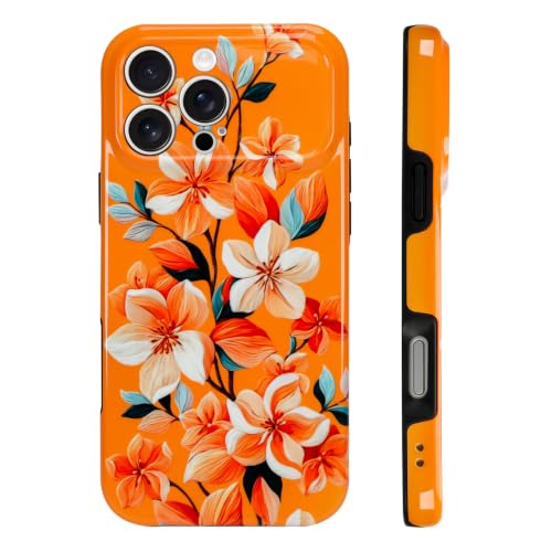Image of Magnetic for iPhone 16 Pro Max Case for Women Girl, Orange Floral | Stylish Flower Pattern Design [Compatible with MagSafe] [Full Camera Protection] 2-Layer Hybrid Shockproof Glossy Phone Case
