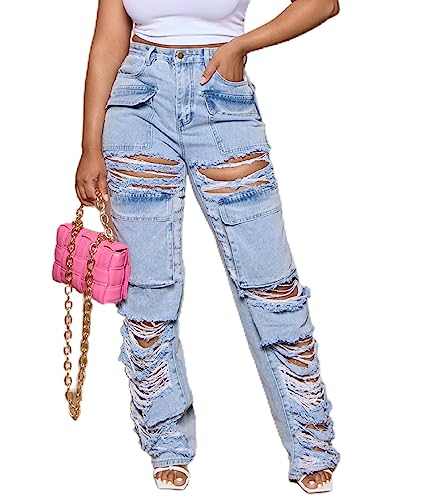 Letuwj Women's High Waist Ripped Jeans - Destroyed Distressed Denim Pants With Holes