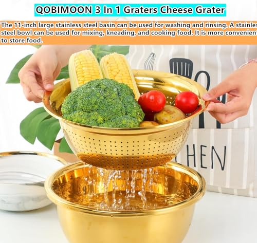 Qobimoon QIBO-1284C-FBM 3Pc/Set Colander Set Stainless Steel Vegetable Slicer Fruit Potato Peeler Carrot Grater Strainer Utensil Round Rice Washer Bowl Drain Basket-Gold thumb #3