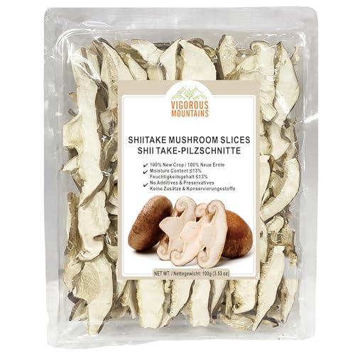 VIGOROUS MOUNTAINS Shiitake Pilze in Scheiben - Großblättrig & Schnelle Rehydrierung (20 Min.) - Vegan Glutenfrei - Ideal für Suppen Ramen Risotto und Sauerkraut-Gerichte - 100g (3.53oz)