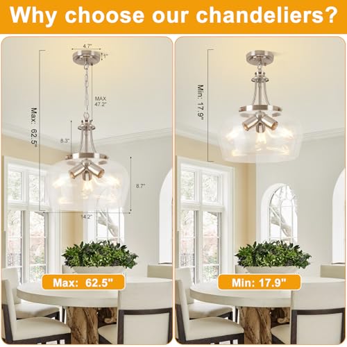 Image of Modern Pendant Lights Kitchen Island, 3-Light Brushed Nickel Pendant Light Fixtures with 14.2 inch Clear Glass Shade,Industrial Hanging Pendant Lights Fixture for Kitchen Island Dining Room Entryway Foyer