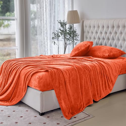Elegant Comfort Luxuriously Soft 4-Piece Velvet Plush Flannel Sheet Set - Premium Quality - Cozy Warm, Anti-Static, Non Pilling Fuzzy Velvet Flannel Fleece Deep Pocket Sheet Set - Twin, Orange