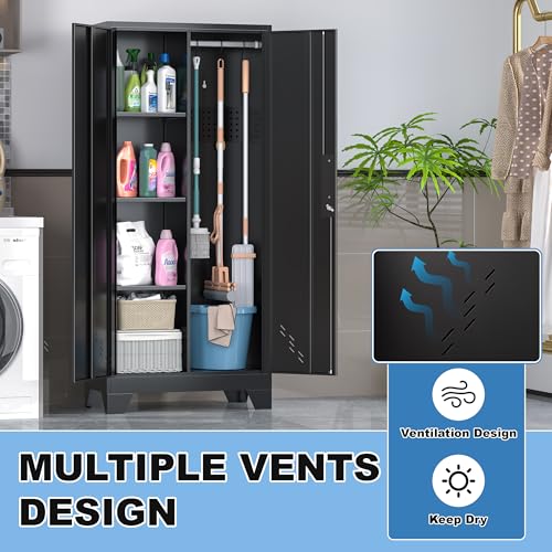 Image of 61 inch H Broom Closet Cabinet, Metal Storage Cabinet with Lockable Doors and Pegboard, Utility Closet for Brooms and Mops, Tool Cabinets for Home Office, Laundry Room, Garage, Workshop