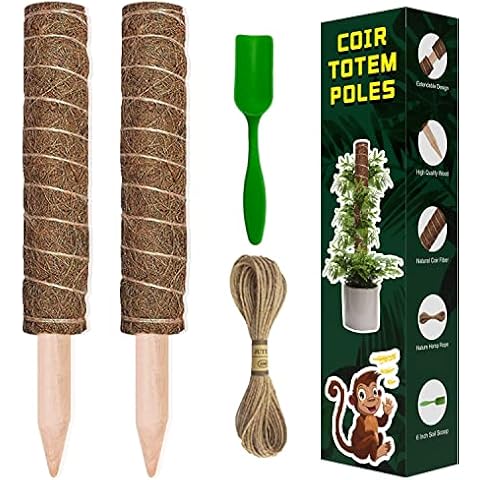 hopeme Moss Pole 2 Pack 15 Inch Plant Stakes for Monstera and Indoor Plants, Extendable Natural Coir Totem Pole for Climbing Plant Support Extension with 33FT Plant Ties Cover