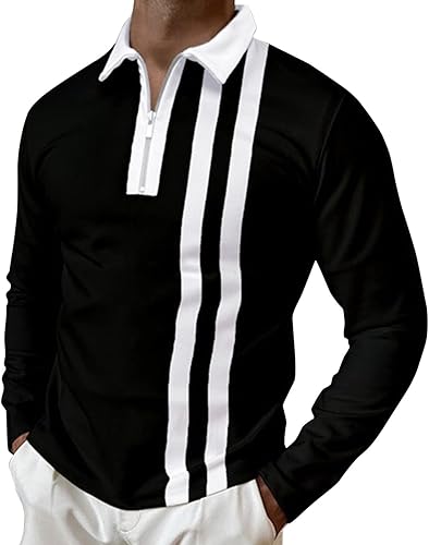 Contrast Color Polo Shirts for Men Quarter Zipper Golf Pullover Long Sleeve Collared Shirts Cotton Blend Tops Shacket