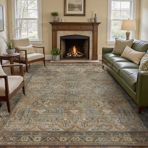 GENIMO 8x10 Area Rugs for Living Room, Machine Washable Non Slip Vintage Rugs, Low Pile Lightweight Chenille Print Rug for Bedroom, Dining Room, Home Office, Warm Taupe