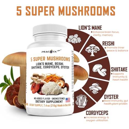 Image of 5 Mushrooms Supplement, 180 Count - Lion's Mane, Reishi, Shiitake, Cordyceps, Oyster Immune & Brain Supplement for Memory and Focus, Lions Mane Mushroom Blend