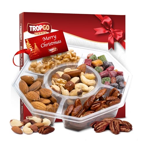 Tropgo 5 Sections Mixed Nuts Gift Set - Delicious Almonds, Walnuts, Cashews, Sweet Mango Cubes & Pecans Mixed Nuts Snacks - Festive Food Gifts, Red Merry Christmas Snacks Box for Party Food
