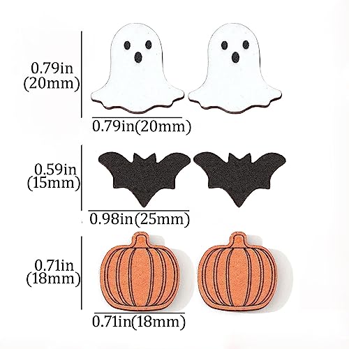 Pack of 3 Pairs Halloween Earrings for Women Pumpkin Ghost Bat Stud Earrings Halloween Eve Party Lightweight Wood Earrings Set Jewelry3