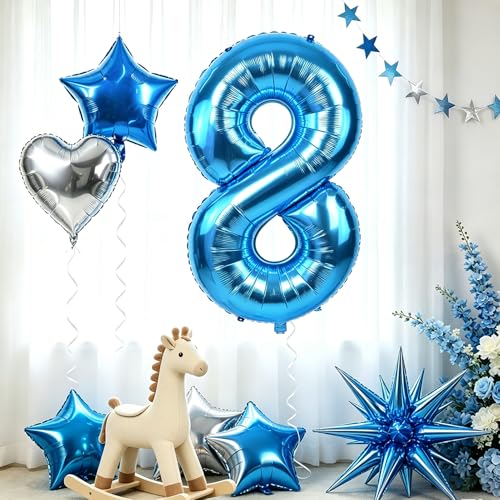 Image of TONIFUL 8th Birthday Balloons Kit 40 Inch Blue Large Number 8 Foil Balloon