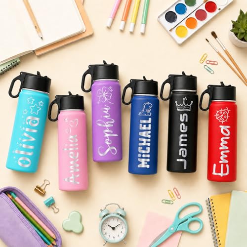 Image of Personalized Water Bottles for Kids with Engraved Name with Straw Lid Custom 18oz Insulated Stainless Steel Water Cups for School Customized Gifts for Boys Girls for Birthday Back to School BPA Free