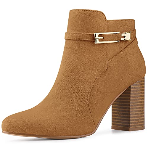 Allegra K Allegra K Women's Round Toe Buckle Chunky Heel Brown Ankle Boots 6 M US