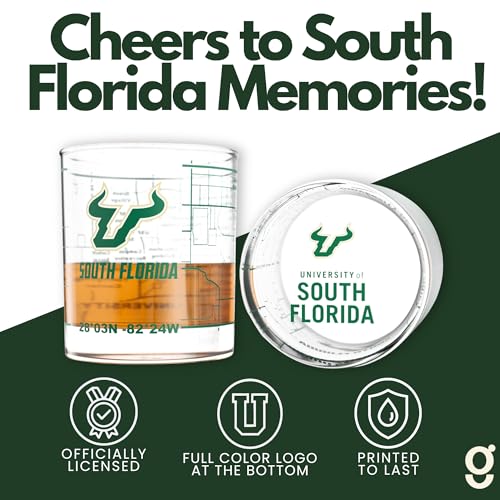 Image of Greenline Goods University of South Florida Bulls Whiskey Glasses Set of 2, 10 oz Rocks Glasses with Full-Color Logo & Campus Map - Officially Licensed Bourbon Glass Gift for Alumni & Fans