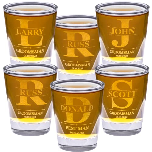 Gifts Inscribed Personalized Shot Glasses Set of 6 – Groomsmen Glasses Drinking Set – Custom Drinking Glasses – Engraved Shot Glass Gifts for Men, Wedding, Best Man, Anniversary
